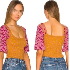Free People Marigold Tee in Golden Combo Smocked Top